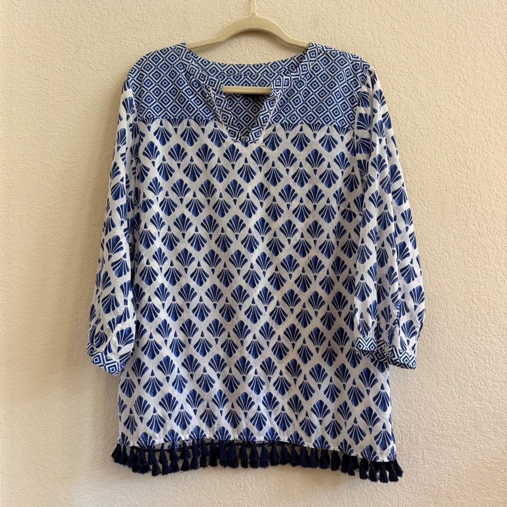 Talbots Blue White Cotton Geometric Tassel Hem Tunic Top Large 3/4 Sleeve Boho